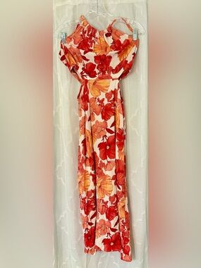 MNG Mango Size 6 Orange Red Floral Ruched Maxi Dress Y2K